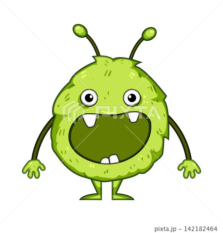 Cute green furry monster character smiling wide Cute green furry monster character smiling wide 142182464