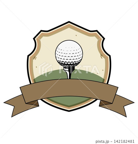 Golf ball on tee inside shield emblem 142182481