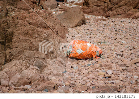 A weathered orange netted sack resting on a rugged rocky beach with frayed edges and exposed fabric A weathered orange netted sack resting on a rugged rocky beach with frayed edges and exposed fabric 142183175