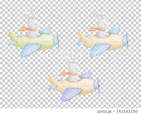 Cute cartoon bunny pilot in airplane. Adorable baby animal character perfect for nursery design, kid shirts, watercolour illustrations. Cute cartoon bunny pilot in airplane. Adorable baby animal character perfect for nursery design, kid shirts, watercolour illustrations. 142183250