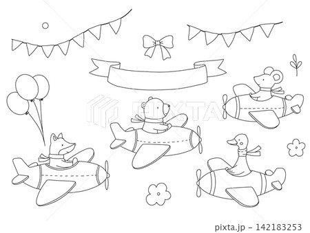 Cute animals flying plane for coloring books and printable page. Cartoon animal pilot characters set. Childish simple line drawing for kids. Vector isolated monochrome illustration on white background 142183253