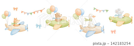 Seamless border with cute goose, bear and fox flying vintage plane. Childish characters for kids. Watercolour illustrations on isolated repeating background for birthday design, party flags 142183254
