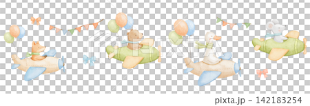 Seamless border with cute goose, bear and fox flying vintage plane. Childish characters for kids. Watercolour illustrations on isolated repeating background for birthday design, party flags Seamless border with cute goose, bear and fox flying vintage plane. Childish characters for kids. Watercolour illustrations on isolated repeating background for birthday design, party flags 142183254