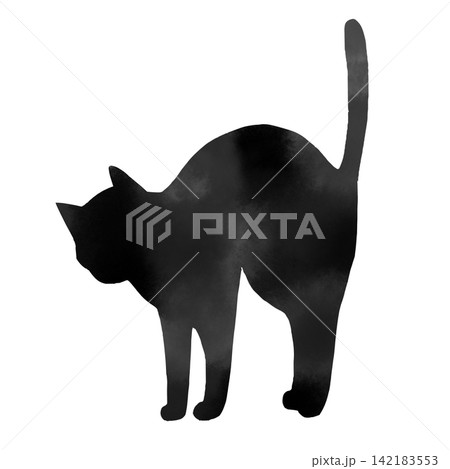 背中を丸める猫の水彩風シルエットイラスト 威嚇・伸びをするポーズの黒猫モノクロ素材 背中を丸める猫の水彩風シルエットイラスト 威嚇・伸びをするポーズの黒猫モノクロ素材 142183553