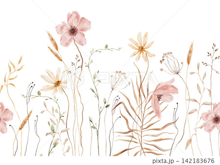 Watercolor Meadow Seamless Border. Pink Anemones, Yellow Daisies, Wheat Stalks and Dried Grasses on White Background. Horizontal repeating banner with Organic naturalistic flow wild Botanical flowers Watercolor Meadow Seamless Border. Pink Anemones, Yellow Daisies, Wheat Stalks and Dried Grasses on White Background. Horizontal repeating banner with Organic naturalistic flow wild Botanical flowers 142183676