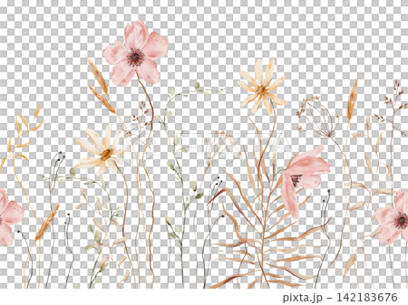 Watercolor Meadow Seamless Border. Pink Anemones, Yellow Daisies, Wheat Stalks and Dried Grasses on White Background. Horizontal repeating banner with Organic naturalistic flow wild Botanical flowers Watercolor Meadow Seamless Border. Pink Anemones, Yellow Daisies, Wheat Stalks and Dried Grasses on White Background. Horizontal repeating banner with Organic naturalistic flow wild Botanical flowers 142183676