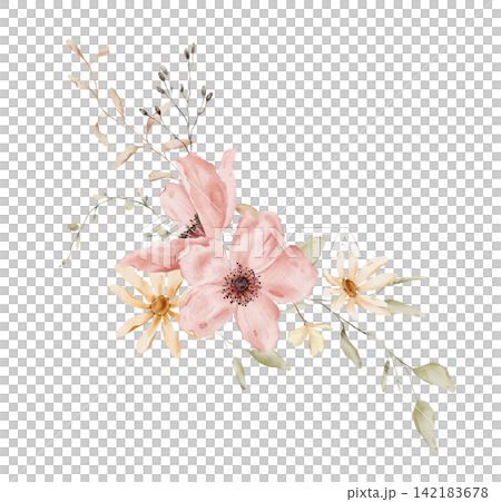 Watercolor Floral Bouquet. Cascading asymmetrical Composition with Pink Anemones, Yellow Daisies and Green Foliage on White Background. Hand-painted illustrations. Muted autumn colour cottagecore Watercolor Floral Bouquet. Cascading asymmetrical Composition with Pink Anemones, Yellow Daisies and Green Foliage on White Background. Hand-painted illustrations. Muted autumn colour cottagecore 142183678