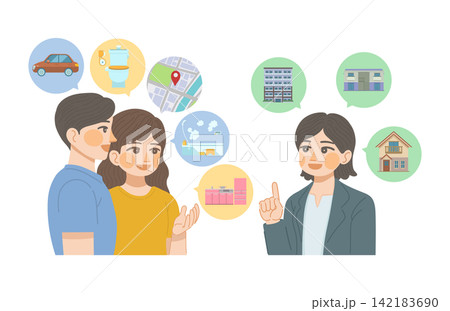 住みたい家の条件を伝える女性と男性の顧客と,物件を提案する不動産会社の女性スタッフのイラスト 住みたい家の条件を伝える女性と男性の顧客と,物件を提案する不動産会社の女性スタッフのイラスト 142183690