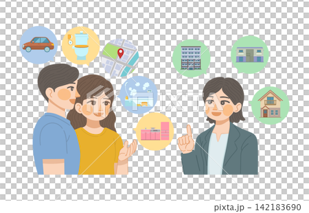 住みたい家の条件を伝える女性と男性の顧客と,物件を提案する不動産会社の女性スタッフのイラスト 住みたい家の条件を伝える女性と男性の顧客と,物件を提案する不動産会社の女性スタッフのイラスト 142183690