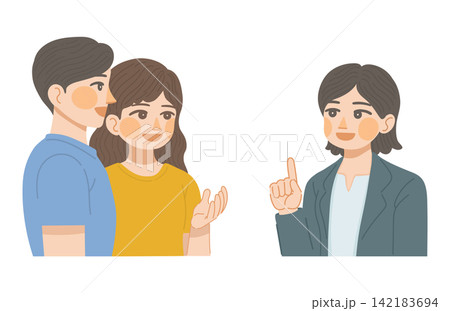 男性と女性の顧客と、女性の営業担当が笑顔で話し合いをしているイラスト 男性と女性の顧客と、女性の営業担当が笑顔で話し合いをしているイラスト 142183694
