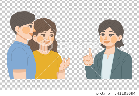 男性と女性の顧客と、女性の営業担当が笑顔で話し合いをしているイラスト 男性と女性の顧客と、女性の営業担当が笑顔で話し合いをしているイラスト 142183694