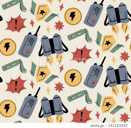 Superhero vector seamless pattern. Texture with heroic masks, jetpacks, shields, and symbols on light background. Superhero vector seamless pattern. Texture with heroic masks, jetpacks, shields, and symbols on light background. 142183845