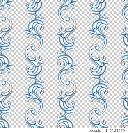 A seamless pattern with a decorative blue ornament in the Baroque style. Hand drawn watercolor illustration. Perfect for textiles, tablecloths and curtains, for prints, backgrounds, wallpaper and more A seamless pattern with a decorative blue ornament in the Baroque style. Hand drawn watercolor illustration. Perfect for textiles, tablecloths and curtains, for prints, backgrounds, wallpaper and more 142183939