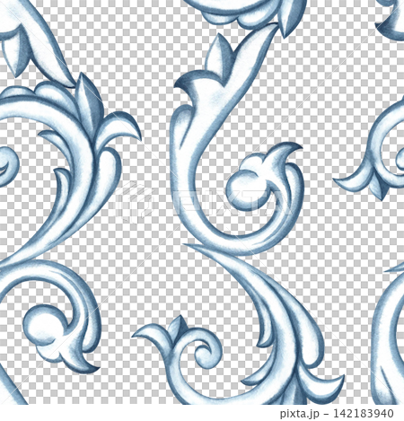 A seamless pattern with a decorative blue ornament in the Baroque style. Hand drawn watercolor illustration. Perfect for textiles, tablecloths and curtains, for prints, backgrounds, wallpaper and more A seamless pattern with a decorative blue ornament in the Baroque style. Hand drawn watercolor illustration. Perfect for textiles, tablecloths and curtains, for prints, backgrounds, wallpaper and more 142183940