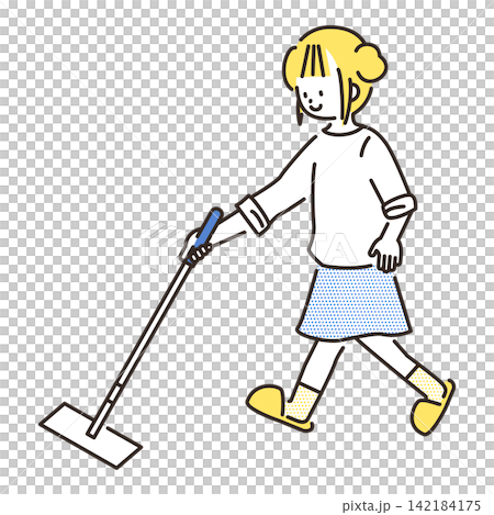 フローリングワイパーを使って床掃除をする女の子のイラスト フローリングワイパーを使って床掃除をする女の子のイラスト 142184175