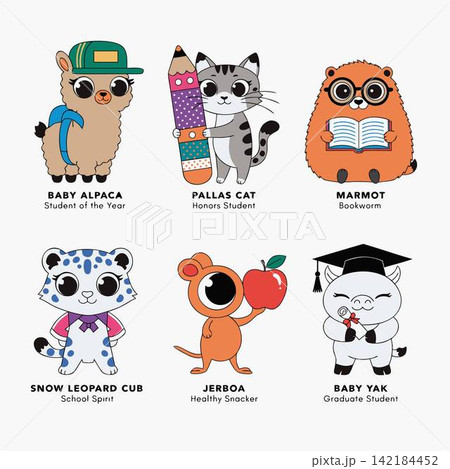 The image features six cute cartoon animals with a school and college theme. They are arranged in two rows of three characters each 142184452
