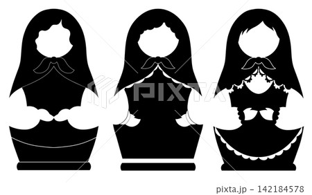 Vector set of black silhouette of nesting dolls. Collection of monochrome Slavic souvenirs. Clip art of matryoshka dolls Vector set of black silhouette of nesting dolls. Collection of monochrome Slavic souvenirs. Clip art of matryoshka dolls 142184578
