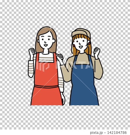 A young female cafe staff member makes a victory pose. A young female cafe staff member makes a victory pose. 142184786