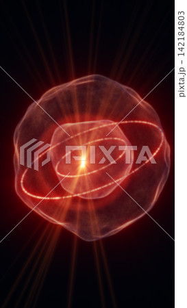 Glowing red abstract atomic orb with bright nucleus, orbiting particle trails, and dark scientific energy background. Glowing red abstract atomic orb with bright nucleus, orbiting particle trails, and dark scientific energy background. 142184803
