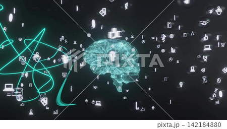 Pulsing teal wireframe brain glowing in virtual space, showing floating icons, neon trails, nodes Pulsing teal wireframe brain glowing in virtual space, showing floating icons, neon trails, nodes 142184880