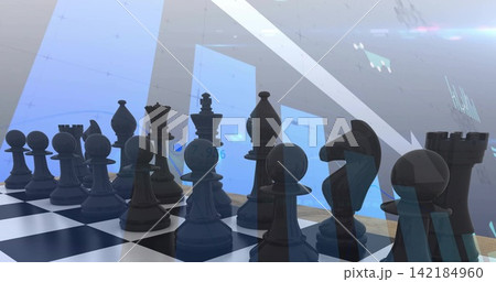 Displaying row dark glossy chess pieces on black-white chessboard in modern studio with blue panels. Pawns, knight, queen, rook, bishop, reflections, holographic 142184960