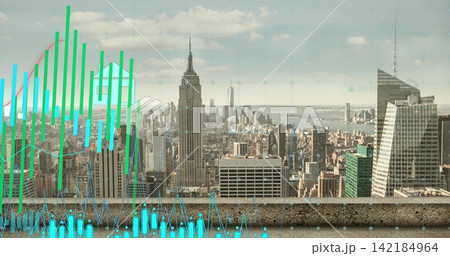 Real-time market data feeding neon charts and bar graphs, city skyline showing financial trends. Rooftop, downtown, highrise, artdeco, glass, antenna, spire 142184964