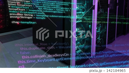 Showing racks with cabling, blue-green LEDs in data center, chassis, projected code, copy space. Server, cabinet, cable, network, reflections, neon, cyan 142184965