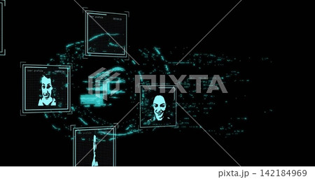 Floating cyan grid profiles in virtual cyberspace, streaming pixel cloud with markers and labels. Holographic, avatar, hud, interface, futuristic, glitch, turquoise 142184969