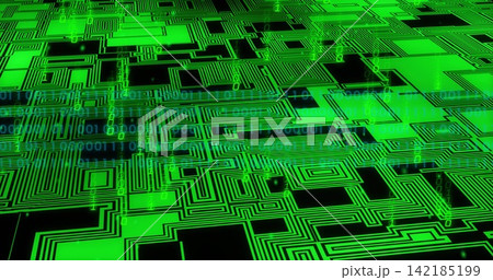 Glowing neon circuit traces creating layered virtual motherboard plane with falling binary streams. Grid, data, cyber, abstract, digital, futuristic, matrix Glowing neon circuit traces creating layered virtual motherboard plane with falling binary streams. Grid, data, cyber, abstract, digital, futuristic, matrix 142185199