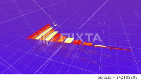 Showing 3D bars descending rightward along red axis with ticks on purple grid, featuring particles. Rectangles, depth, stepped, violet, glow, reflective, lattice 142185205