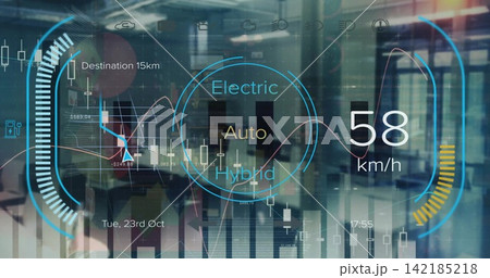 Displaying AR HUD overlaying glass office, showing Electric or Auto or Hybrid selector and 58 km or  142185218