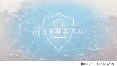 Glowing white shield with padlock hovering above muted skyline, with network mesh and glowing dots Glowing white shield with padlock hovering above muted skyline, with network mesh and glowing dots 142185219