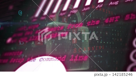 Displaying centered 3D wireframe padlock hologram floating in HUD, showing magenta warning text 142185246