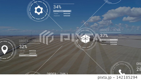 Overlaying aerial field with supply HUD showing order IDs, map pin, package icon, progress percent 142185294