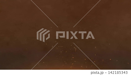 Rising cluster of glowing embers and sparks drifting through smoky dark near campfire, ash specks. Glow, warmth, haze, particles, gradient, lowlight, mood 142185343