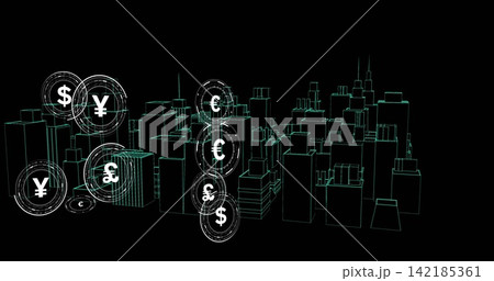 Glowing cyan wireframe cityscape receding right on black, showing HUD tokens $ € £ ¥ ¢. Neon, city, grid, data, visualization, currency, finance 142185361