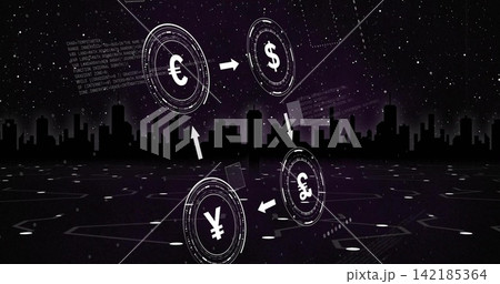 Displaying four floating currency HUDs exchanging via white arrows over virtual grid at night. Interfaces, exchange, fintech, network, skyline, urban, neon 142185364