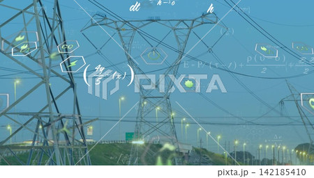 Towering lattice pylon dominating utility corridor by highway, showing digital energy overlays Towering lattice pylon dominating utility corridor by highway, showing digital energy overlays 142185410