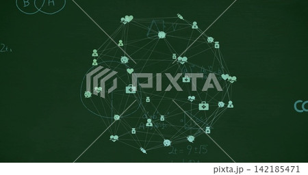 Displaying teal network centered on green chalkboard, linking hearts, users, med cross, syringe Displaying teal network centered on green chalkboard, linking hearts, users, med cross, syringe 142185471