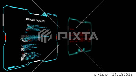 Glowing left HUD showing ANALYSING INFORMATION code cyan border red marks in black void, copy space Glowing left HUD showing ANALYSING INFORMATION code cyan border red marks in black void, copy space 142185518
