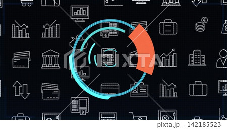Rotating circular HUD over tiled icon grid, showing calculator icon, cyan rings, orange wedge Rotating circular HUD over tiled icon grid, showing calculator icon, cyan rings, orange wedge 142185523