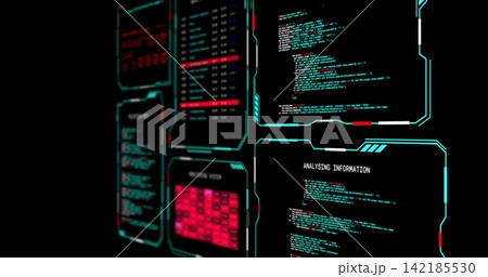 Glowing HUD panels displaying ANALYSING INFORMATION header, showing code and red heatmap on right Glowing HUD panels displaying ANALYSING INFORMATION header, showing code and red heatmap on right 142185530