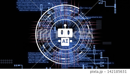 Showing centered white robot-head labeled AI spinning in nested HUD rings on dashboard, with code Showing centered white robot-head labeled AI spinning in nested HUD rings on dashboard, with code 142185631
