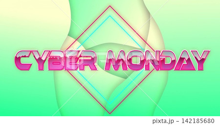 Glowing glossy pink 3D CYBER MONDAY text floating on digital banner, featuring neon diamond Glowing glossy pink 3D CYBER MONDAY text floating on digital banner, featuring neon diamond 142185680