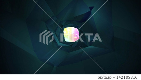 Glowing polygonal aperture drawing view inward via spiral angular faceted planes, pastel light Glowing polygonal aperture drawing view inward via spiral angular faceted planes, pastel light 142185816