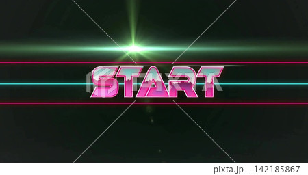 Glowing START text showing chrome-edges on 80s synthwave title with cyan-magenta lines, green flare Glowing START text showing chrome-edges on 80s synthwave title with cyan-magenta lines, green flare 142185867