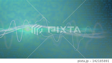Animating centered waveform across teal showing solid or dotted white traces, thin band, binary code. Signal, trace, data, stream, digits, glow, flare 142185891