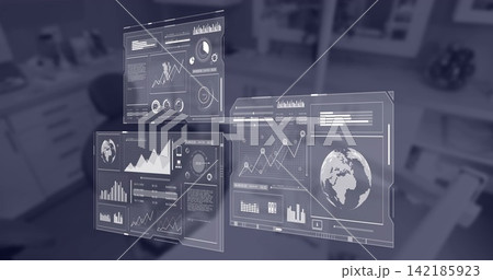 Floating three holographic UI panels displaying line and bar charts with 3D globe in office Floating three holographic UI panels displaying line and bar charts with 3D globe in office 142185923