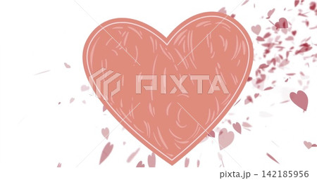 Showing large pink heart with double-line and scribbles on white canvas, trailing hearts and petals 142185956