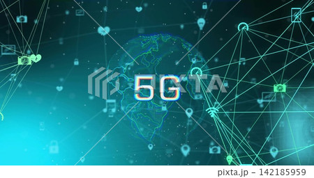 Glowing wireframe globe showing 5G, radiating network lines in cyberspace with node hubs 142185959